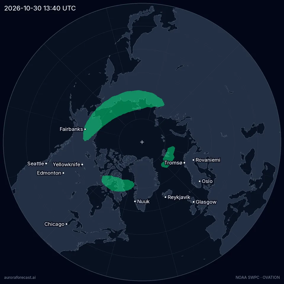 Northern lights oval map, 2026-10-30 13:40 UTC — Quiet activity, Kp 1.7