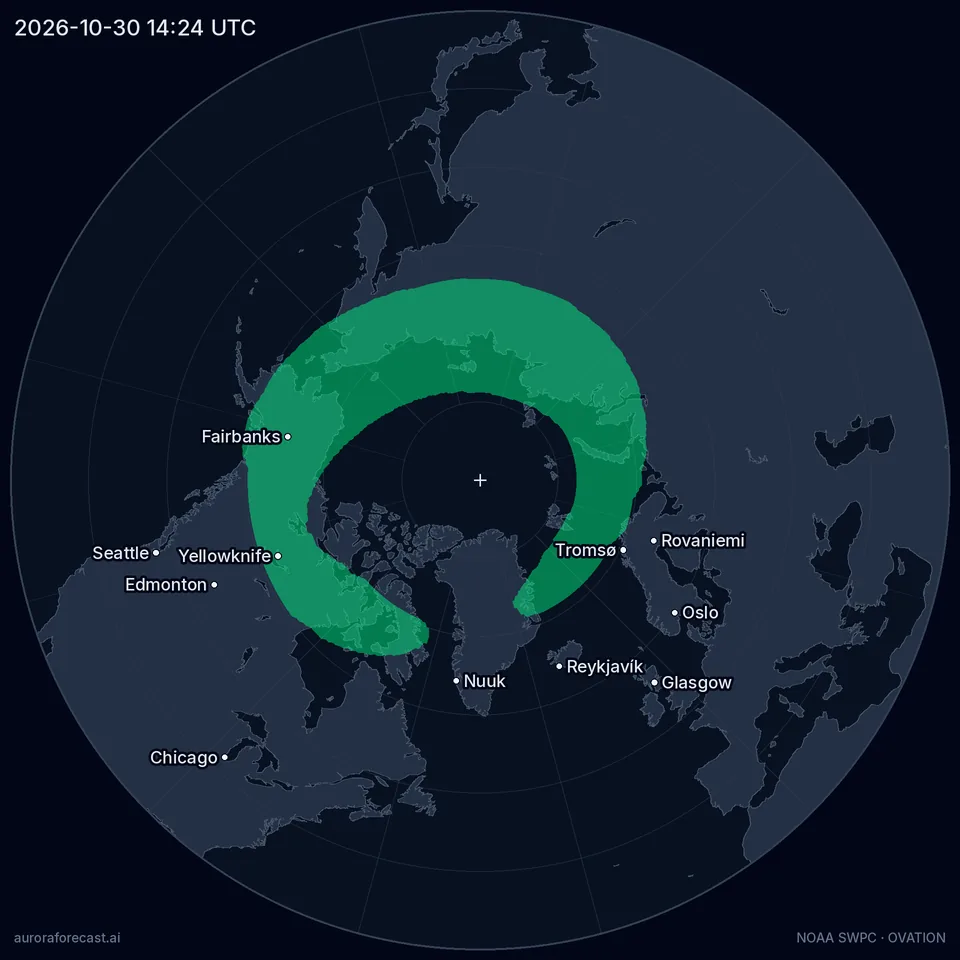 Northern lights oval map, 2026-10-30 14:24 UTC — Quiet activity, Kp 1.7