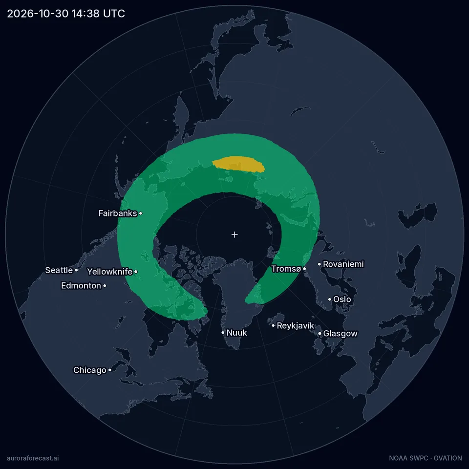 Polarlicht-Karte: Polarlichtoval über der Nordhalbkugel, 2026-10-30 14:38 UTC — Ruhige Aktivität, Kp 1.7