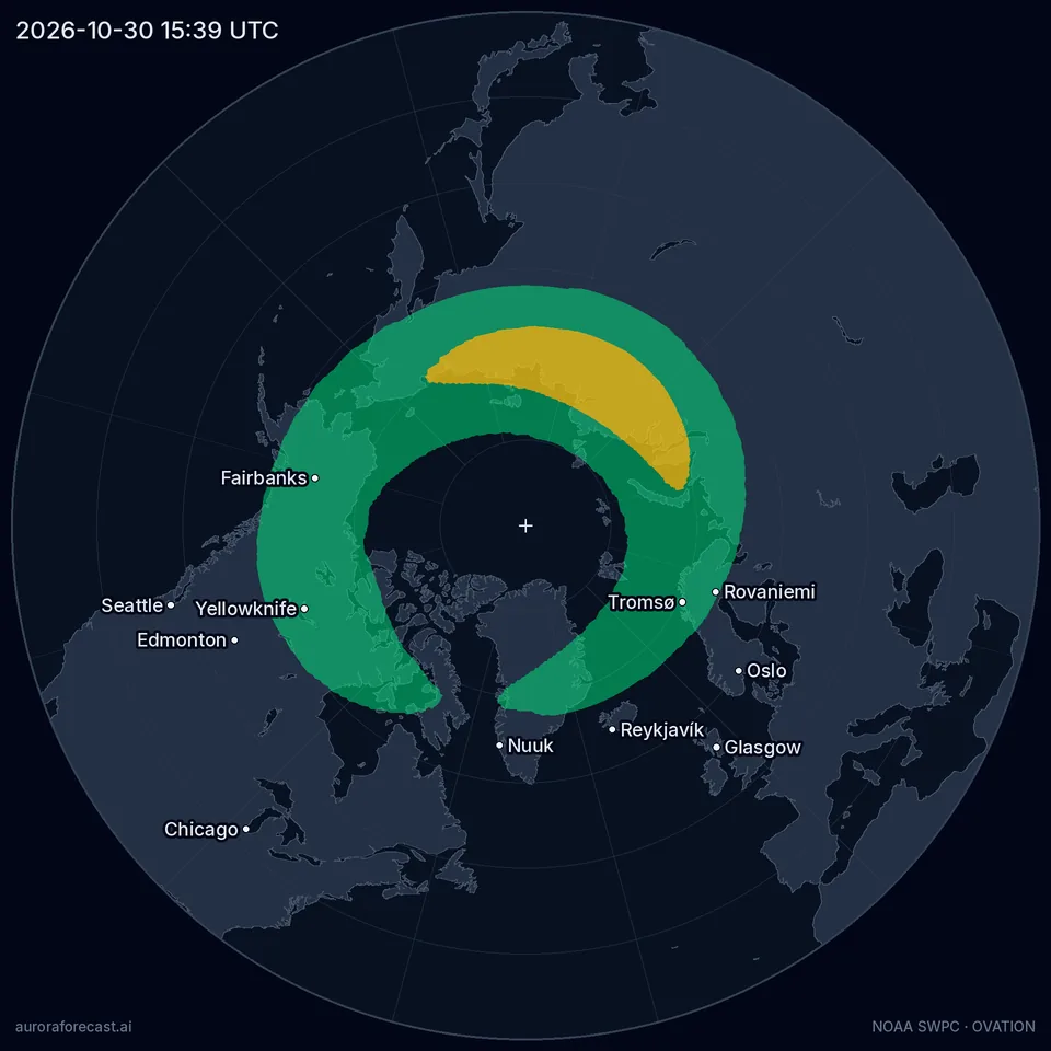 Polarlicht-Karte: Polarlichtoval über der Nordhalbkugel, 2026-10-30 15:39 UTC — Ruhige Aktivität, Kp 1.7