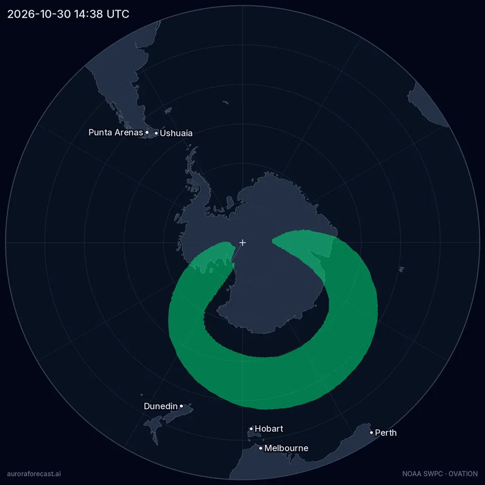 Southern lights oval map, 2026-10-30 14:38 UTC — Quiet activity, Kp 1.7