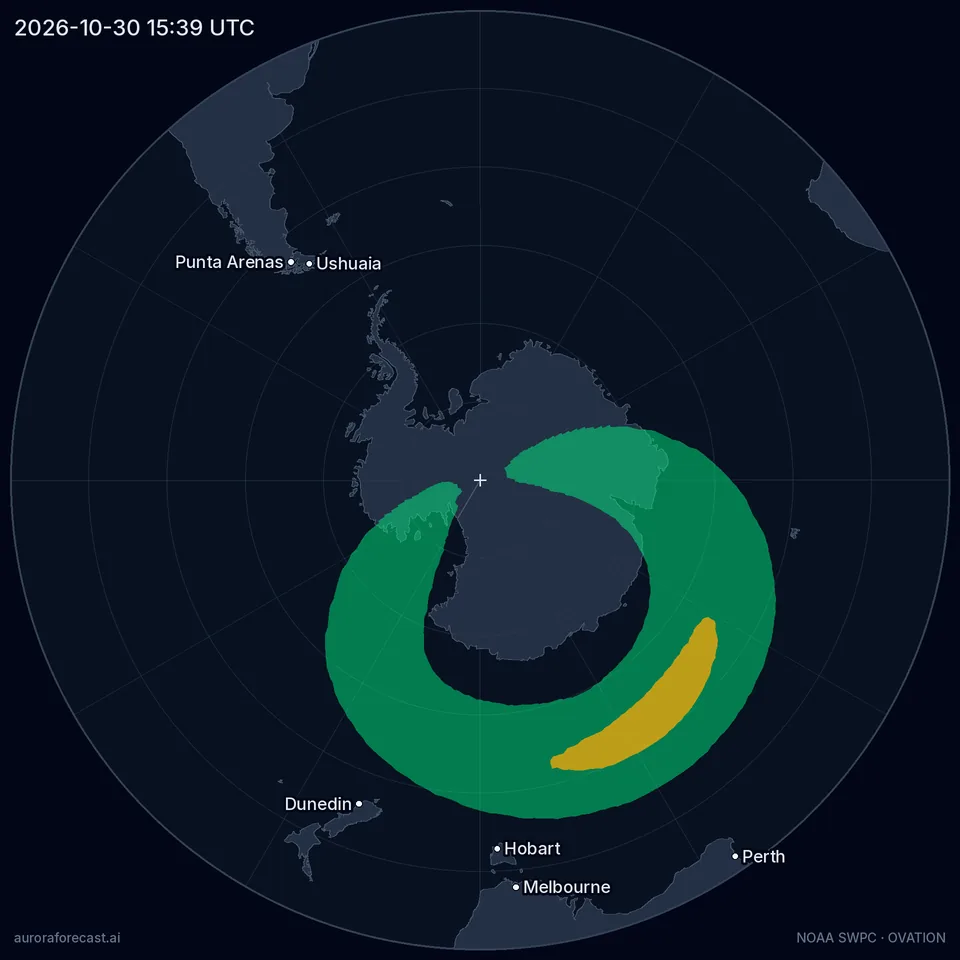 Polarlicht-Karte: Polarlichtoval über der Südhalbkugel, 2026-10-30 15:39 UTC — Ruhige Aktivität, Kp 1.7